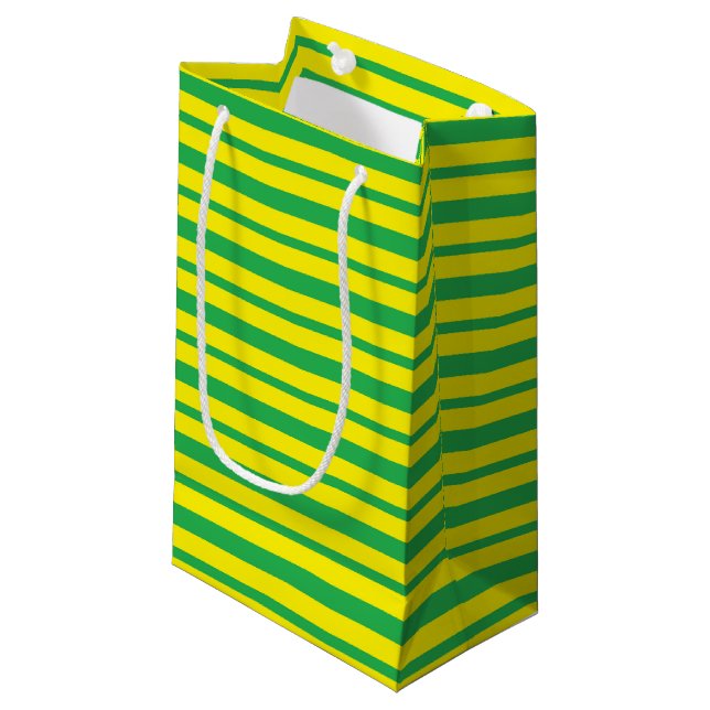 Petit Sac Cadeau Épais et mince, vert et jaune rayures (Devant Angle)