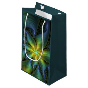 Petit Sac Cadeau Etoile Abstraite, Bleu brillant Vert Or Fractal Ar