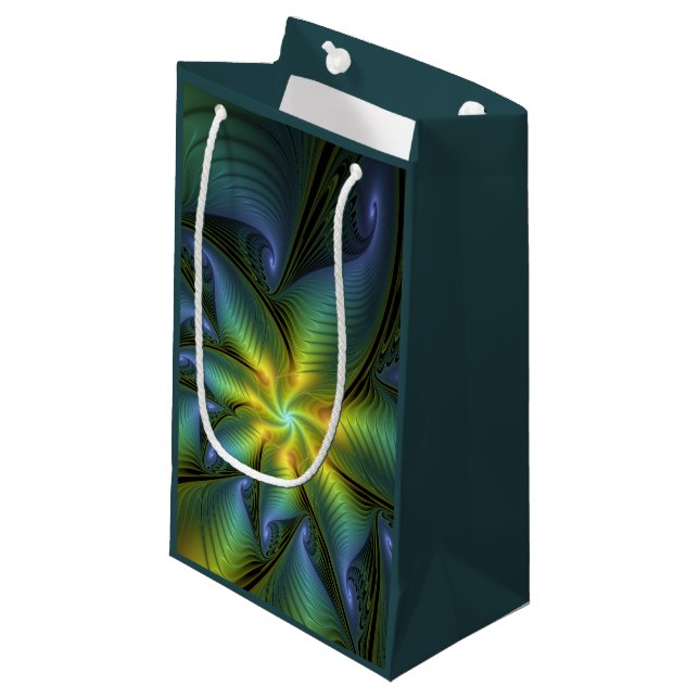 Petit Sac Cadeau Etoile Abstraite, Bleu brillant Vert Or Fractal Ar (Devant Angle)