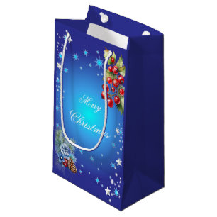 Petit Sac Cadeau Étoiles bleues profondes et baies rouges Joyeux No