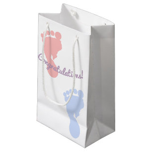 Petit Sac Cadeau Félicitations roses et motif bleu d'empreintes de