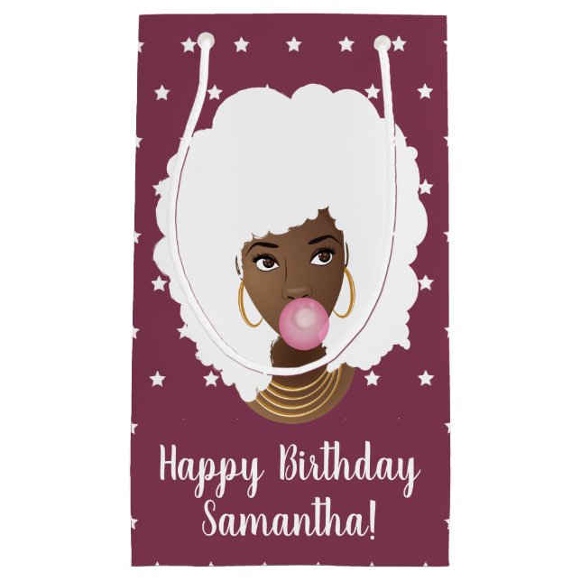 Petit Sac Cadeau Femme noire Afro, Bubblegum, Étoiles, Violet (Devant)