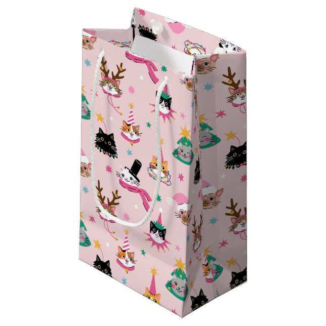 Petit Sac Cadeau Festive Chat Faces en Motif Casquette de vacances (Devant Angle)