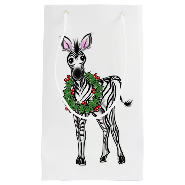 Petit Sac Cadeau Festive Fête Zebra illustration, Holly wreath (Devant)