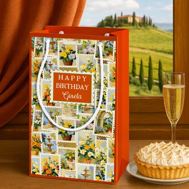 Petit Sac Cadeau Festive Italian Pattern Small  (Small gift bag featuring a whimsical illustration of flowers and fountains in Italian style)