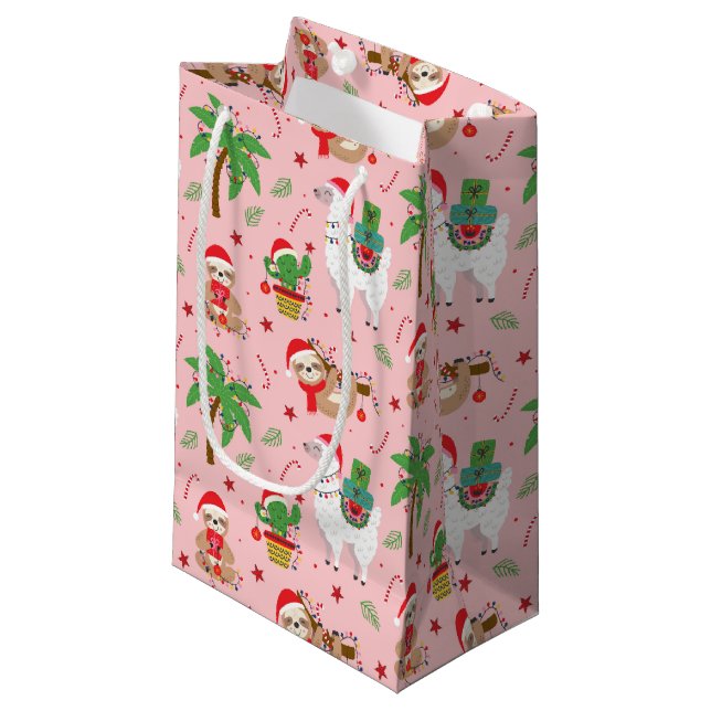 Petit Sac Cadeau Festive Sloths and Llamas Motif de vacances (Devant Angle)