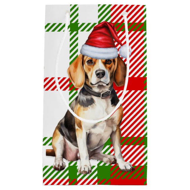 Petit Sac Cadeau Fêtes Beagle Chien et Plaid Noël (Devant)