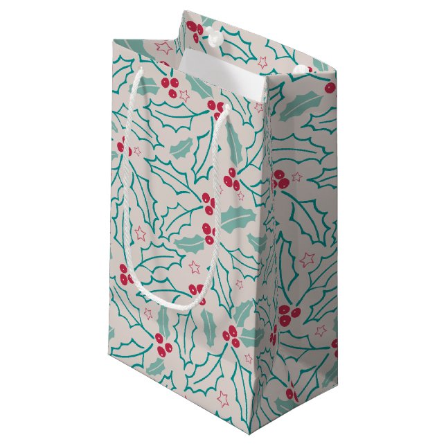 Petit Sac Cadeau Feu de Noël à la main Baies blanches rouges vertes (Devant Angle)