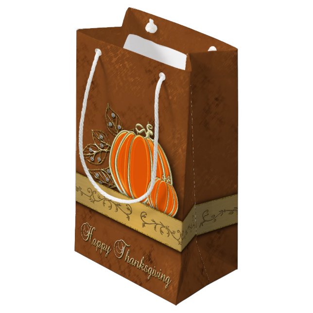Petit Sac Cadeau Feuilles Citrouilles précieux de Thanksgiving Gold (Devant Angle)