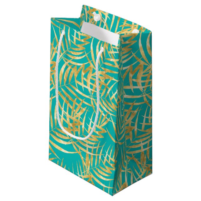 Petit Sac Cadeau Feuilles Gold Palm sur Turquoise (Devant Angle)