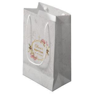 Petit Sac Cadeau Fille Baptême Floral Orchidées rose or Marbre