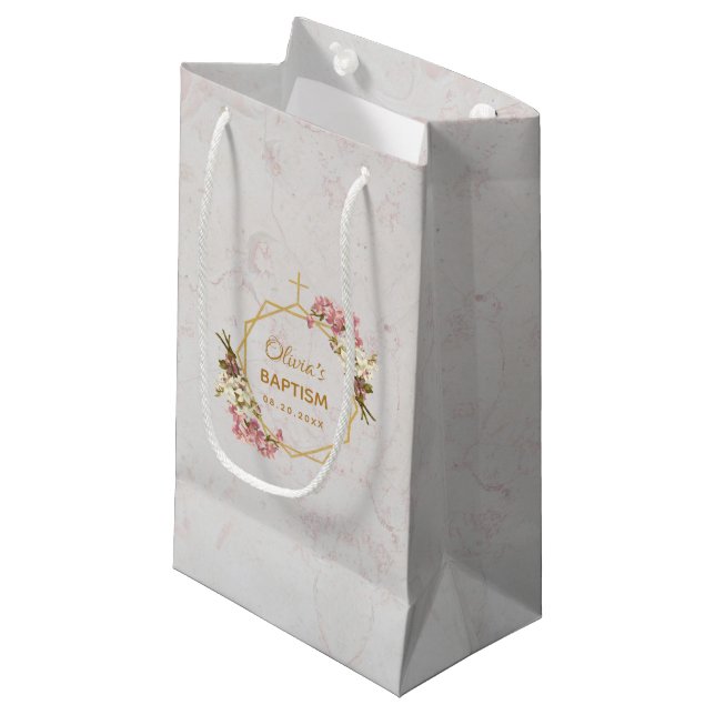 Petit Sac Cadeau Fille Baptême Floral Orchidées rose or Marbre (Devant Angle)