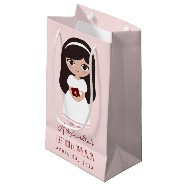 Petit Sac Cadeau Fille brunette Première communion religieuse Rose (Devant Angle)