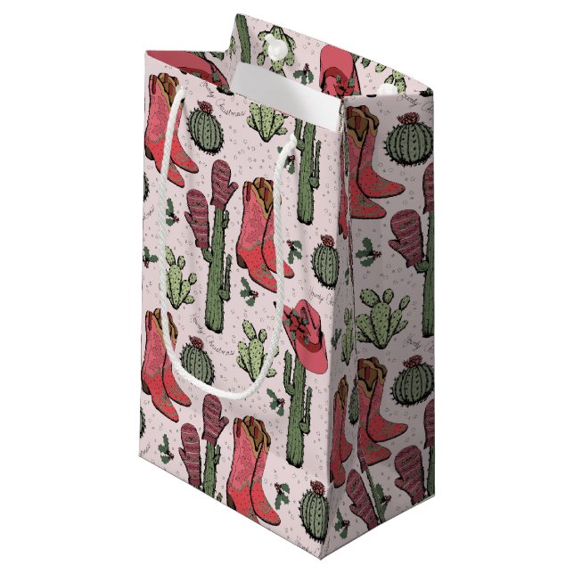 Petit Sac Cadeau Fille Country Cowgirl Noël rose et vert (Devant Angle)