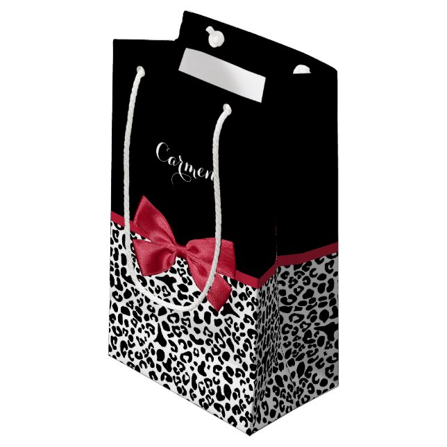 Petit Sac Cadeau Fille Empreinte de léopard Bright Rouge Ruban Avec (Devant Angle)