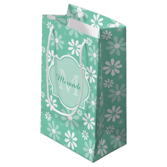 Petit Sac Cadeau Fille Monogramme Monnaie Blanc Fleurs de marguerit (Devant Angle)