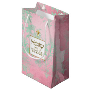 Petit Sac Cadeau Filles Bautizo Pink Mint Green Damask Gold Cross