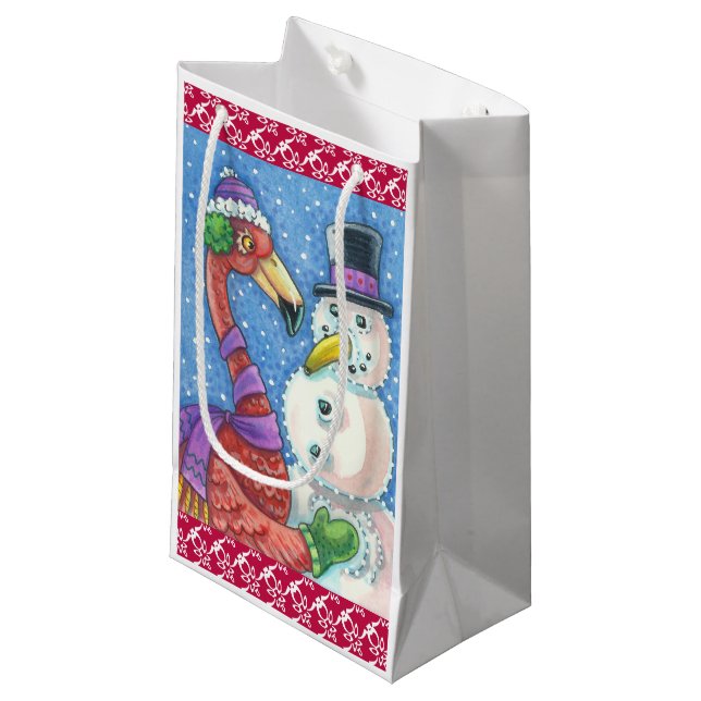 Petit Sac Cadeau Flamant rose rose Snowman CHRISTMAS CADEAU (Devant Angle)