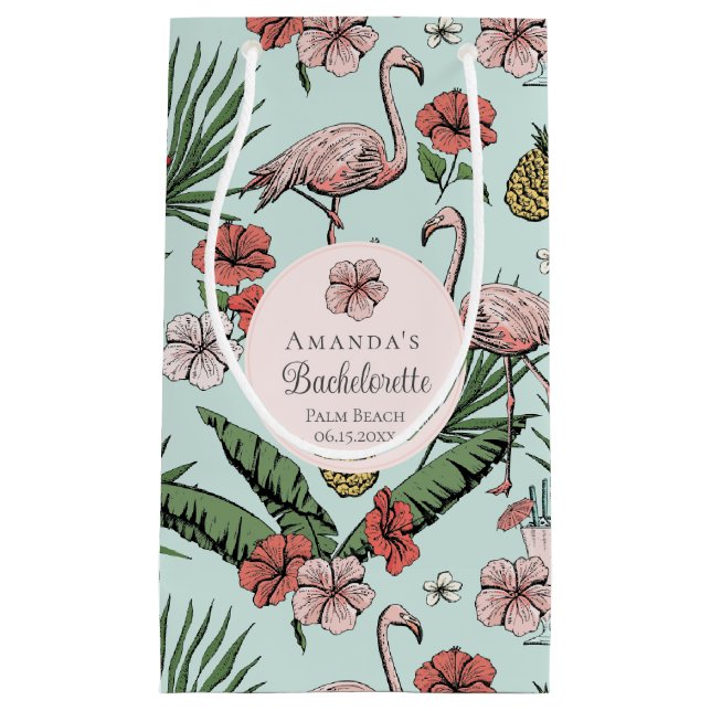 Petit Sac Cadeau Flamant rose rose tropical et Hibiscus Bachelorett (Devant)