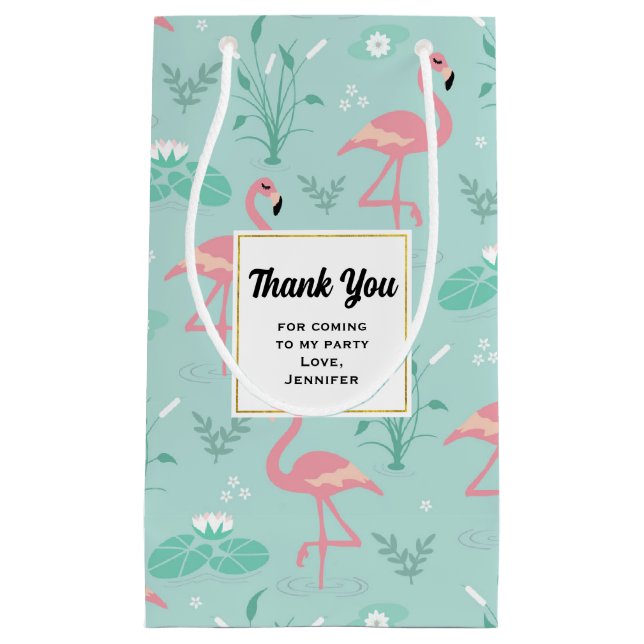 Petit Sac Cadeau Flamants roses rose pastel Merci Motif vert (Devant)