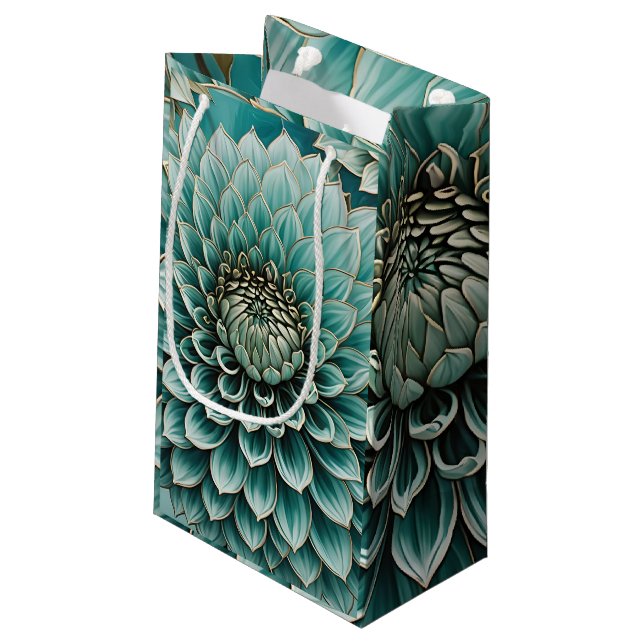 Petit Sac Cadeau Fleur Dahlia en Art numérique bleu Aqua Turquoise (Dos Angle)