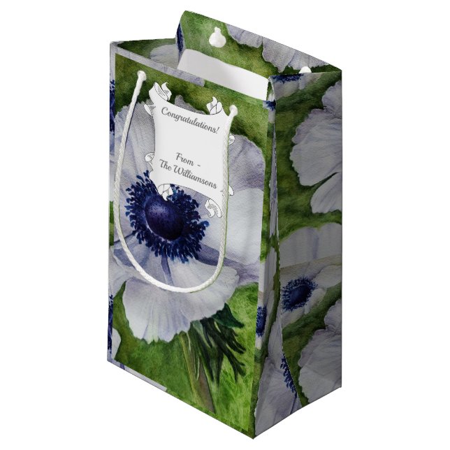 Petit Sac Cadeau Fleur d'anémone blanche avec le centre bleu de la  (Devant Angle)