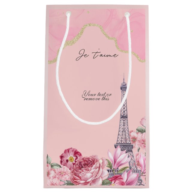 Petit Sac Cadeau Fleur rose Paris Je T'aime Eiffel Tower (Devant)