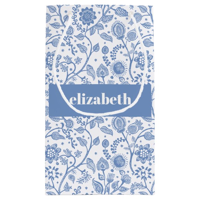 Petit Sac Cadeau Fleurs botaniques bleues et blanches avec nom pers (Dos)