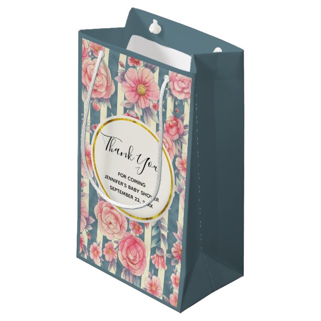 Petit Sac Cadeau Fleurs d'aquarelle rose sur les rayures Merci (Devant Angle)