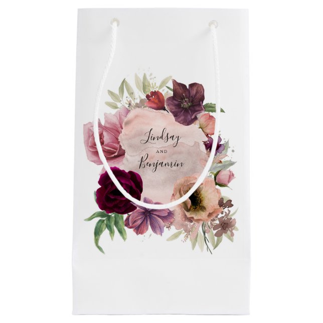 Petit Sac Cadeau Fleurs d'aquarelle rouge Rose et bordeaux (Devant)