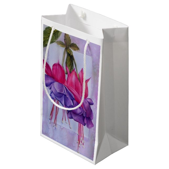 PETIT SAC CADEAU FLEURS DE FUCHSIA PURPLE ET ROSE (Devant Angle)