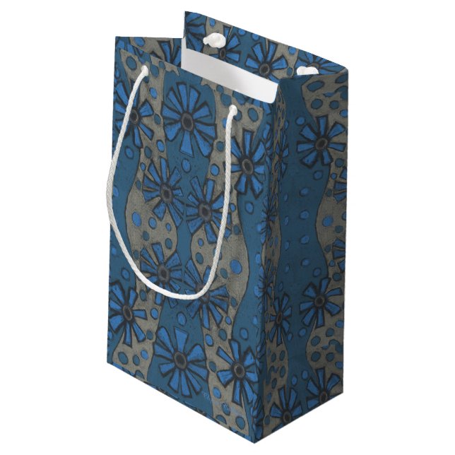 Petit Sac Cadeau Fleurs de glace, motif floral bleu & gris, rustiqu (Dos Angle)