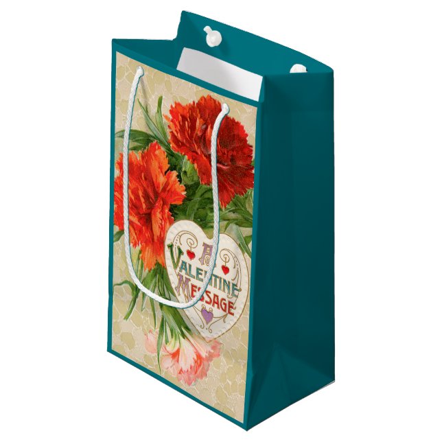 Petit Sac Cadeau Fleurs d'œillet, Message de la Saint-Valentin Vint (Devant Angle)