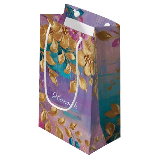 Petit Sac Cadeau Fleurs D'Or Peintes Sur Lilac Rose Turquoise (Devant Angle)