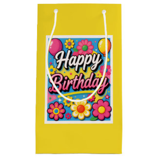 Petit Sac Cadeau Fleurs et ballons jaunes de joyeux anniversaire lu