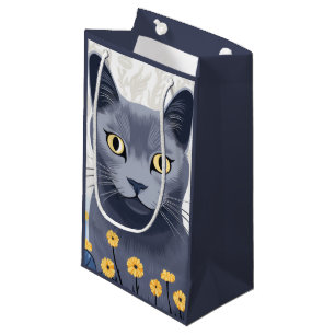 Petit Sac Cadeau Fleurs Jaunes Chat Bleu Russe