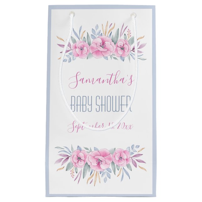 Petit Sac Cadeau Fleurs rose baby shower Aquarelle Élégante (Devant)