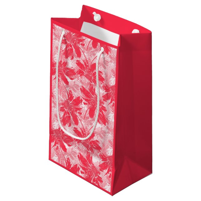 Petit Sac Cadeau Fleurs rouges sur fond blanc. (Devant Angle)