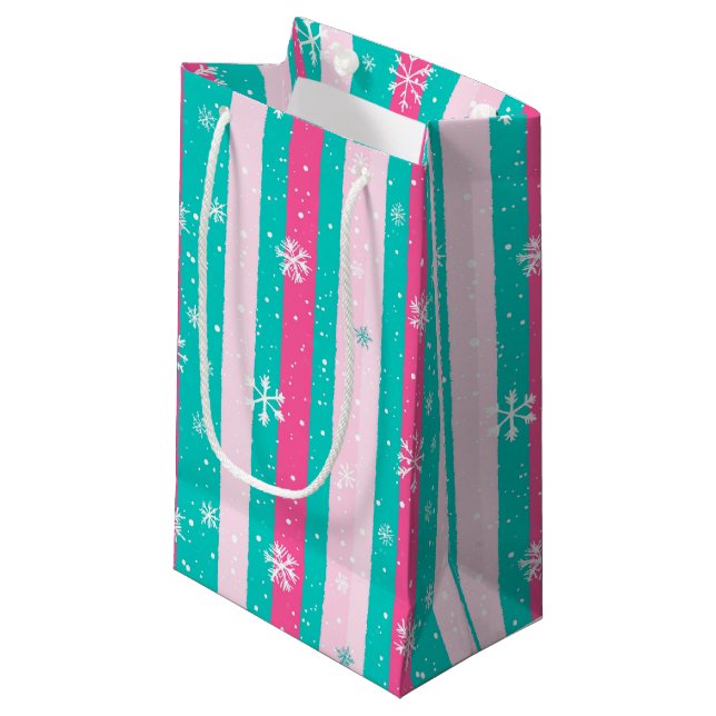 Petit Sac Cadeau Flocon de neige rayé vertical rose et menthe (Devant Angle)