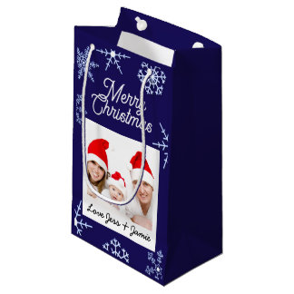 Petit Sac Cadeau Flocons de neige de Noël photo personnalisée Bleu