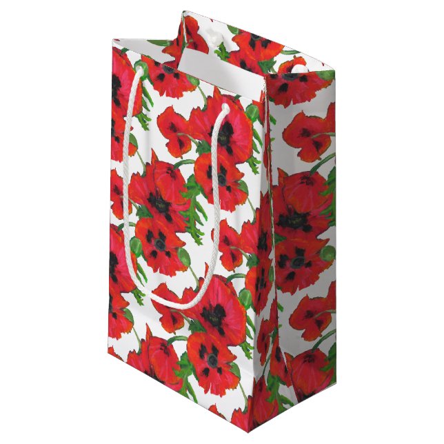 Petit Sac Cadeau Flore de pavots orientaux rouges sur blanc pour Cu (Devant Angle)