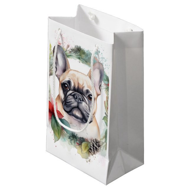 Petit Sac Cadeau French Bulldog Christmas Wreath Festive Pup (Devant Angle)