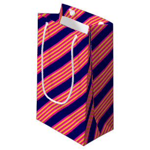 Petit Sac Cadeau Fuchsia et rayures jaunes avec bleu marine