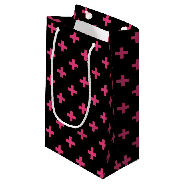 Petit Sac Cadeau Fuchsia polka croise sur noir (Devant Angle)