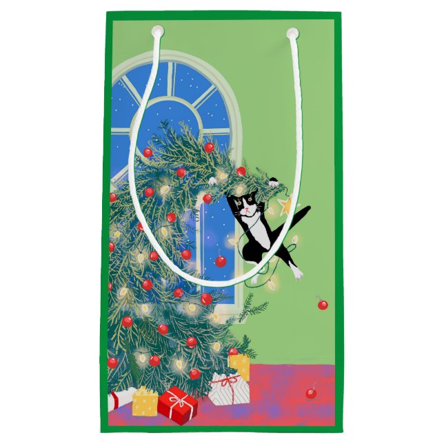 Petit Sac Cadeau Funny Chat Arbre de Noël (Devant)