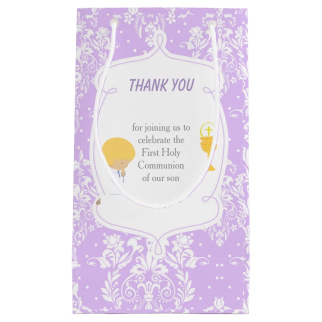 Petit Sac Cadeau Garçon blond Première Communion Damassé (Devant)