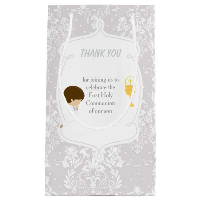 Petit Sac Cadeau Garçon brun Première Communion Damassé (Devant)
