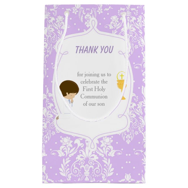 Petit Sac Cadeau Garçon brun Première Communion Damassé (Devant)