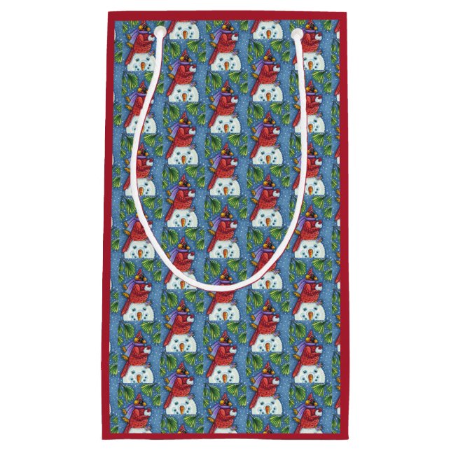 PETIT SAC CADEAU GARDE CARDINAL SNOWMAN, CUTE NOËL REDBIRD (Devant)