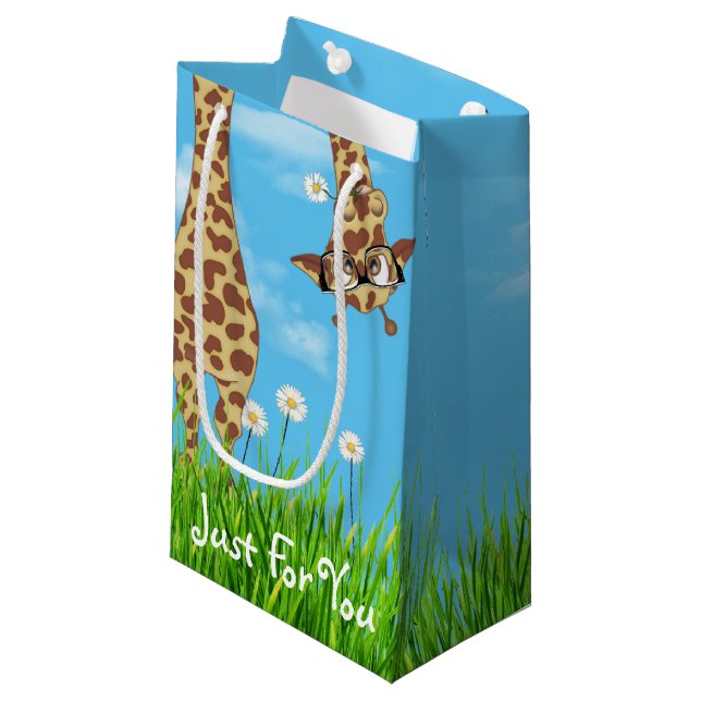 Petit Sac Cadeau Girafe avec lunettes en Herbe (Devant Angle)